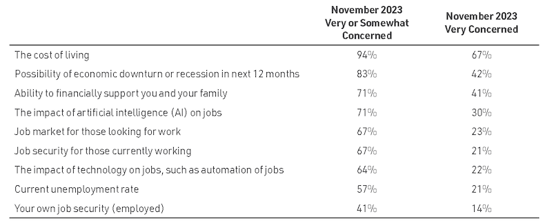 Table reporting survey respondents' concerns about key economic indicators