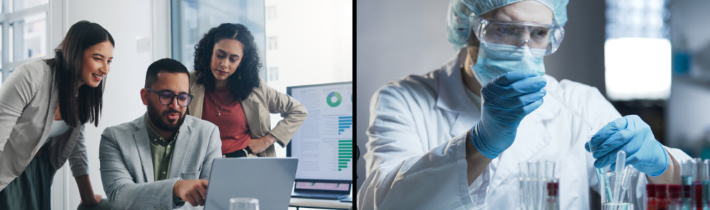 Image of IT workers looking at a computer and a female scientist holding a test tube