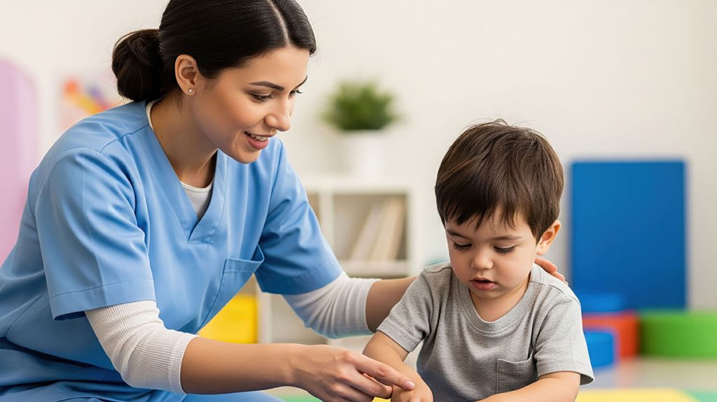 Image of a childcare worker playing with a young boy