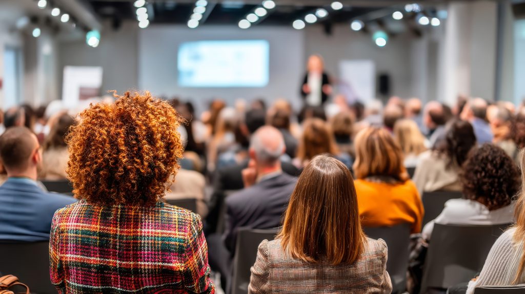 View from the back of a well-lit seminar room with a diverse audience listening to a speaker at the front, focus on inclusion and professionalism.