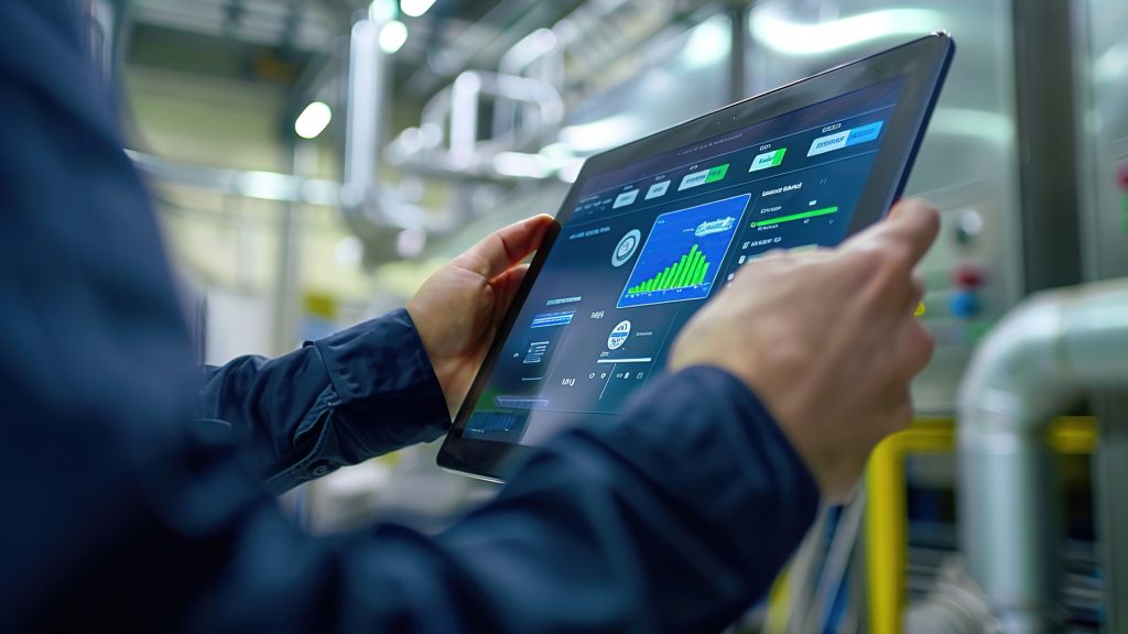 Facility manager monitoring smart building controls on touchscreen, optimizing HVAC and lighting, energy usage graph visible