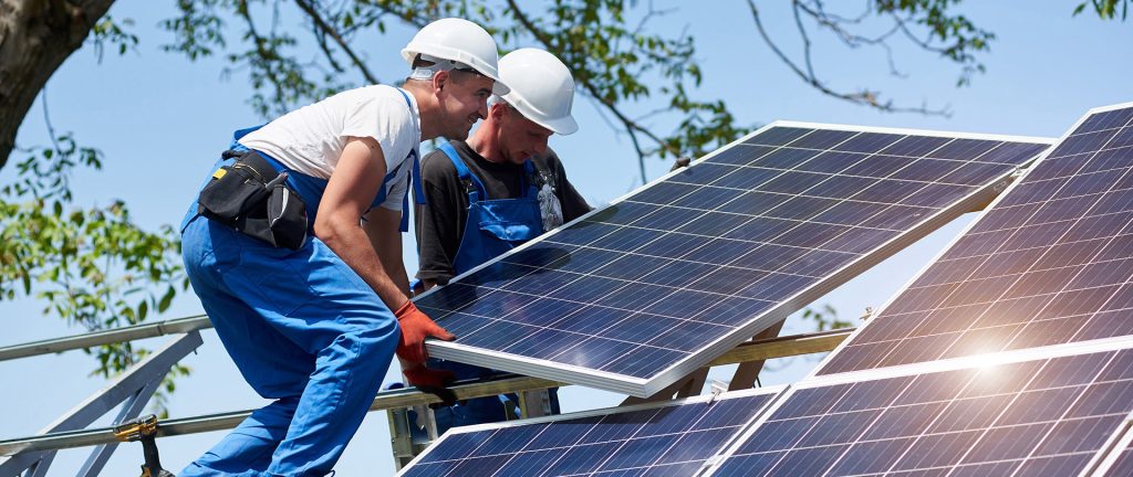 Stand-alone exterior solar panel system installation, renewable green energy generation concept.