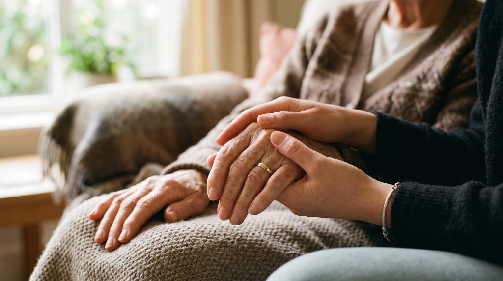 Closeup of a person holding the hand of an elderly individual fo